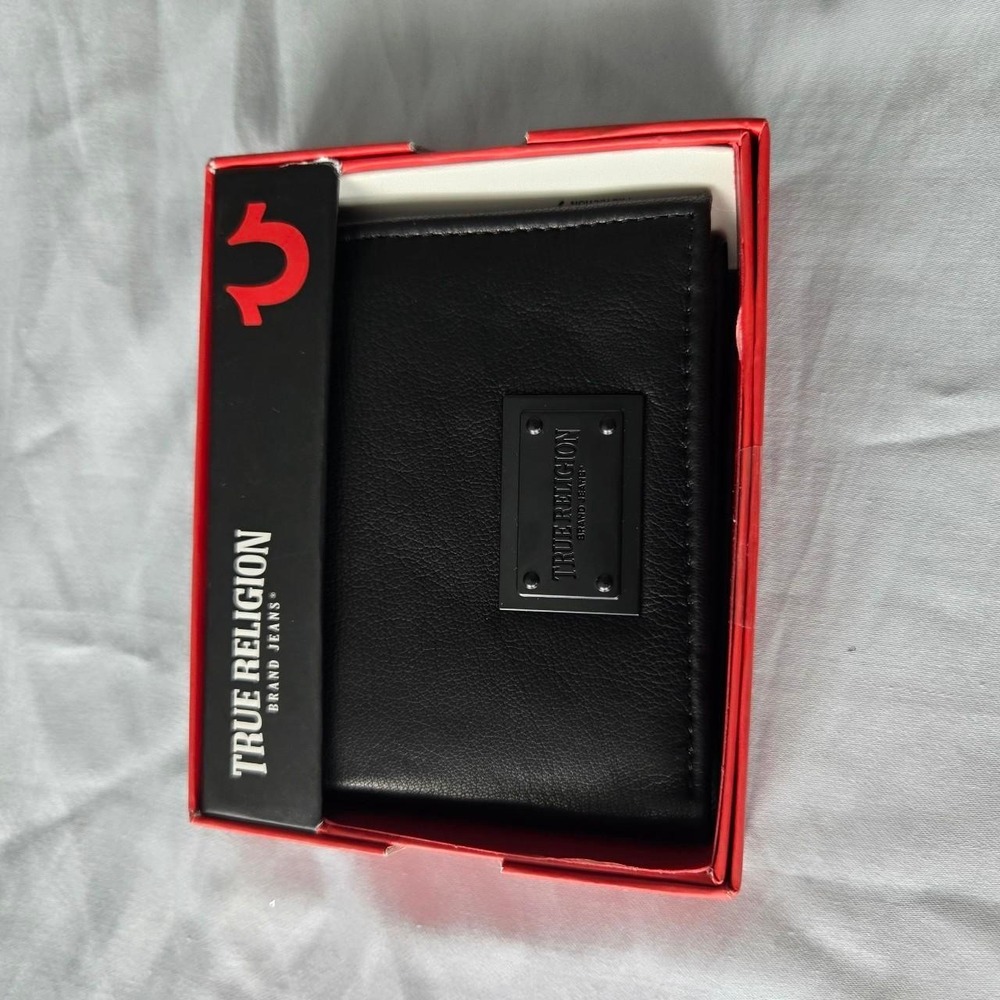 True Religion Black RFID Blocking Bifold Wallet with Logo Accent for Men